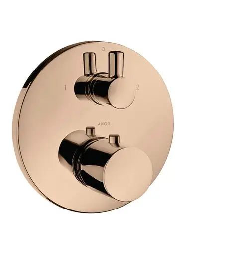 Thermostat mit zwei betätigbaren Reglern und einer runden, polierten Oberfläche in Rotgold. Das Produkt ist von der Marke AXOR.